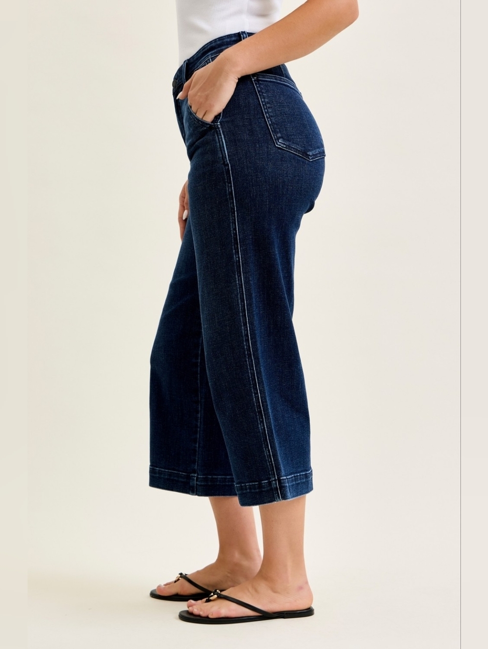 Judy Blue High Waist Ankle Wide Cropped Dark Indigo Blue Jeans - Picture 2 of 8